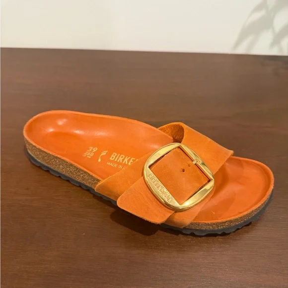 Birkenstock Madrid Big Buckle | Tan/Orange Slides with Gold Buckle - Picture 4 of 15